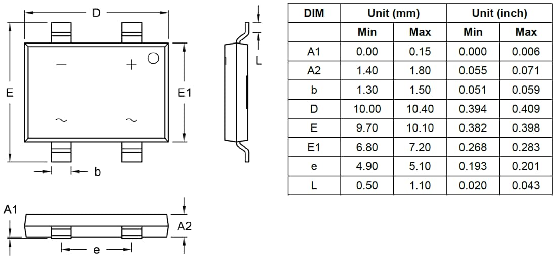 Mechanical Drawing - Taiwan Semiconductor TBS40x 4A Bridge Rectifiers