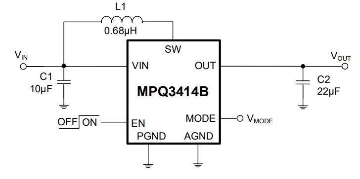 Application Circuit Diagram - Monolithic Power Systems (MPS) MPQ3414B Step-Up Converters w/ Output Disconnect